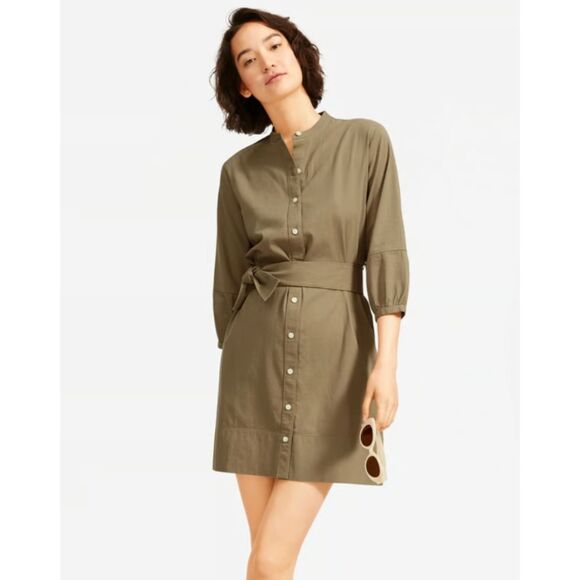 Everlane the Cotton Weave Collarless Shirtdress Khaki Olive Green Button Sz 10 - Picture 1 of 11